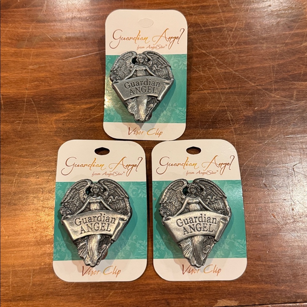 NWT Guardian Angel Visor Clip Set of 3 Silver Pewter Metal Religious Fits Most